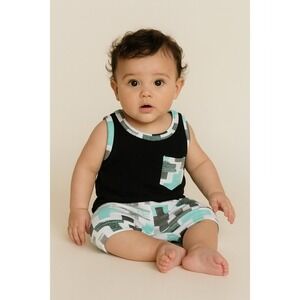 Baby Boy Summer Outfit 0-6M Tank Top + Camo Shorts Set‎ Black/White 2 Pc